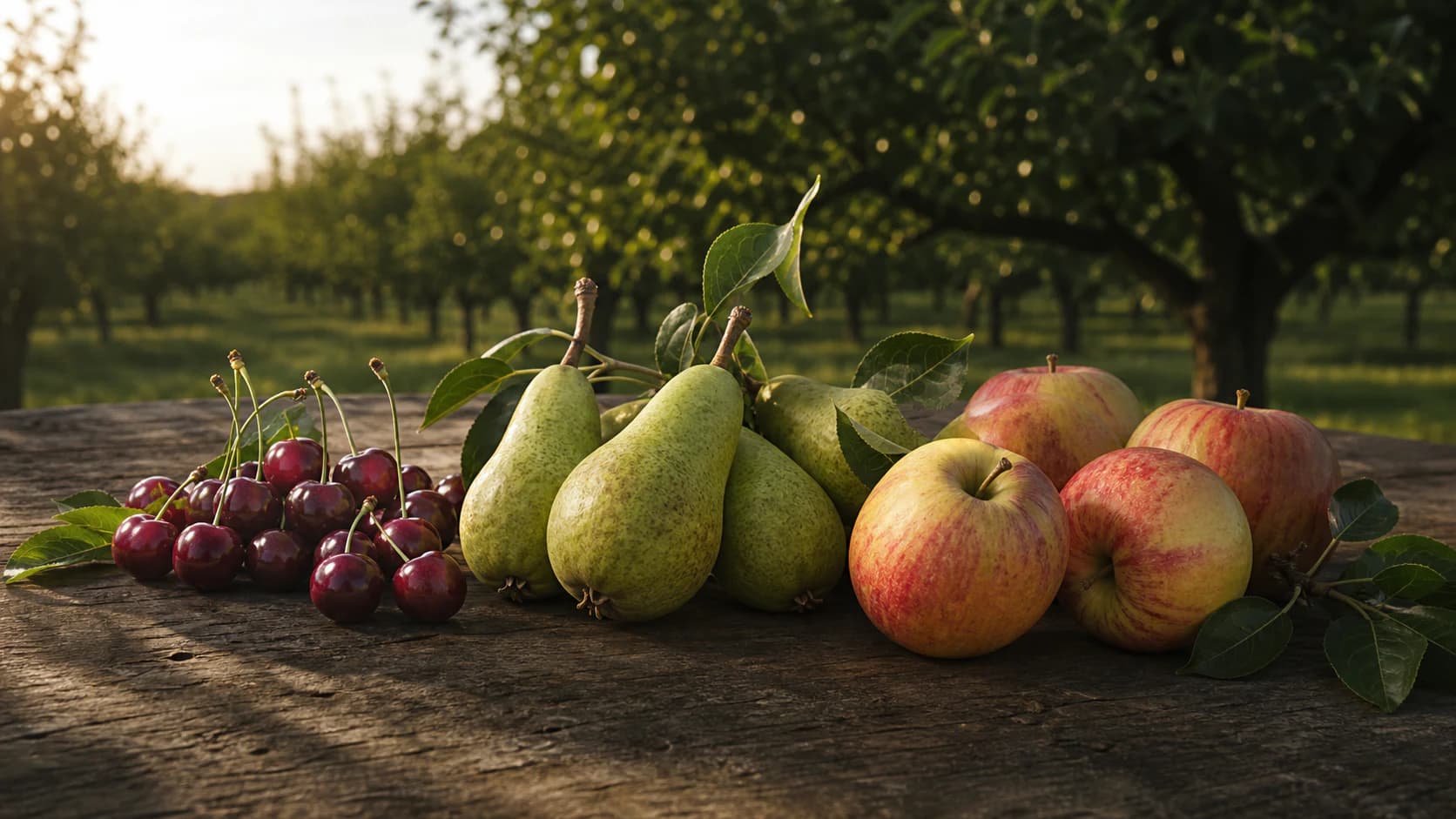 Kordia-kersen, Conference-peren en Jonagold-appels op een houten oogsttafel